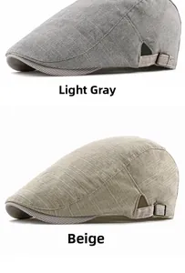 Detail view of cotton linen beret hats showing adjustable buckles and breathable fabric texture