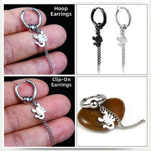 Detail view of scorpion pendant earrings in hoop and clip styles with chain drops