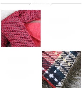 Detailed view of red knitted fabric with plaid accents and faux fur trim for Christmas stockings