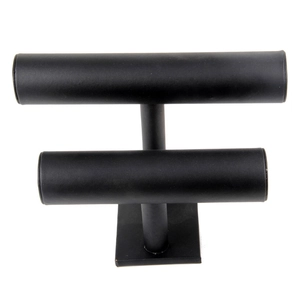 Double-layer black T-bar jewelry display stand for watches and bracelets on white background