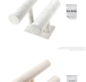 Double-tier T-bar jewelry display stands in ice grey velvet and burlap textures
