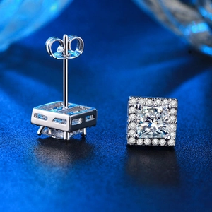 Elegant princess cut cubic zirconia halo stud earrings with silver plating finish