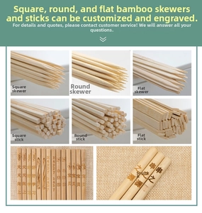 Detailed set of varied bamboo skewers with square, round, and flat tips and laser engraving