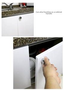 Close-up of a silver polished adhesive handle used as a cabinet pull on a kitchen door