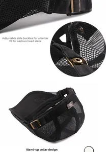 Detail of breathable hollow mesh beret featuring adjustable bronze buckle and metal logo