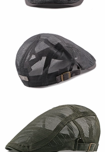Detail of breathable mesh fabric and adjustable metal buckle on summer beret hats