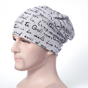 Gray slouchy knitted cotton beanie with black script print for men and women