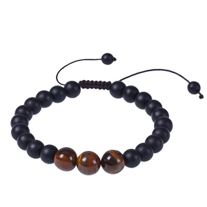 Handmade 8mm volcanic stone and tiger eye bead bracelet with adjustable woven cord