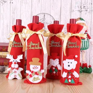 4-pack Christmas wine bottle covers with Santa Snowman motifs and golden Merry Christmas text
