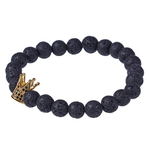 Lava stone bead bracelet with a gold-plated crown and sparkling zircon inlay