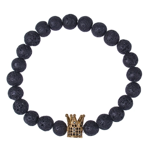Lava stone bead bracelet with a golden crown charm featuring black zircon stones