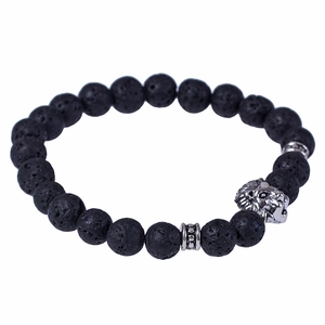 8mm black lava stone energy bracelet with silver lion head charm on white background