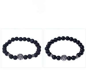 Detail comparison of black lava rock and matte beads with silver lion head charms