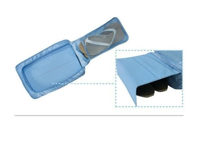 Detail view of light blue travel shoe bag with breathable mesh and zippered storage compartments
