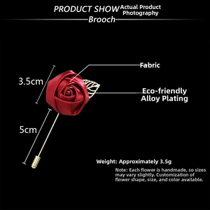 Detailed size specifications of the handmade red fabric rose brooch with golden leaf pin
