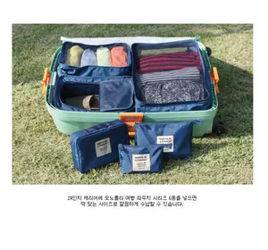Detail of 6-piece navy travel organizers set fitting inside a 24-inch green suitcase