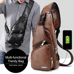 Men Chest Bag PU Leather Waterproof USB Charging Port Earphone Hole Casual Travel Crossbody Sling Bag