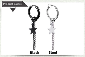 Detalle de pendientes de estrella con cadenas de acero inoxidable en negro y plateado