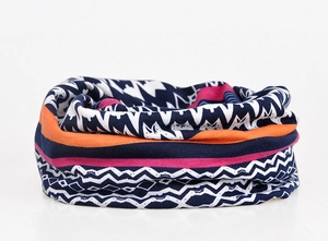 Detail of multi-functional knit headwear with geometric ethnic patterns in navy and orange