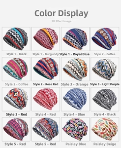 Collection of 16 bohemian style knit beanies in various patterns and colors