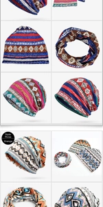Close-up of bohemian geometric print headwear showing orange ethnic pattern detail