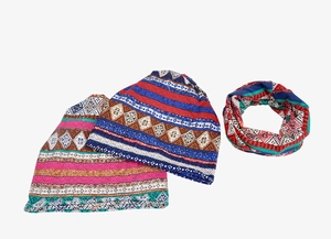Close-up of knit hats and scarf set featuring ethnic geometric patterns and fleece lining