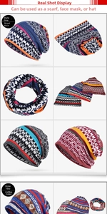 Detail of ethnic knit neck gaiter and turban cap in blue and brown with geometric pattern