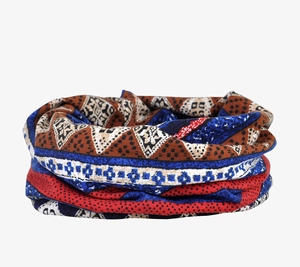 Detail view of ethnic patterned winter headwear with warm fleece lining and geometric prints