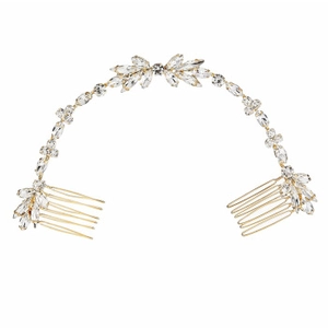 Detailed view of bridal hair comb with gold floral leaf design and sparkling rhinestones