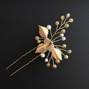 Handmade golden U-shaped hair pin with white pearls and leaves for bridal wedding hairstyles