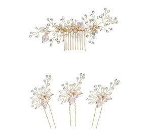 Detail of bridal hair comb set featuring white pearls, crystals, and matte leaf motifs