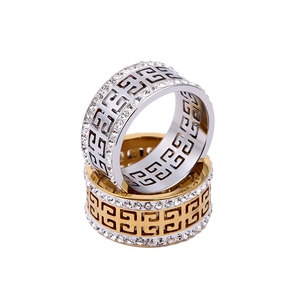 Titanium steel Greek meander ring with double row crystals in gold and silver finish