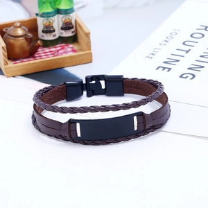 Retro multi-layer woven leather bracelet for men with a sleek black metal plate buckle