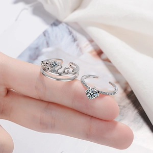 Conjunto de anillos de corona de circón para mujer con diseño ajustable acabado plata