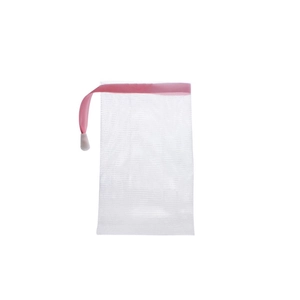 Double-layered white foaming net with pink drawstring for soap and facial cleanser