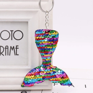 Close-up of vibrant rainbow sequins on a mermaid tail keychain with a metal ring