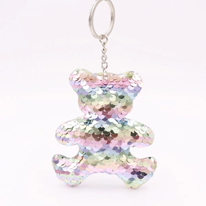 Detail of a sparkling sequin teddy bear keychain with reflective colorful finish and ring