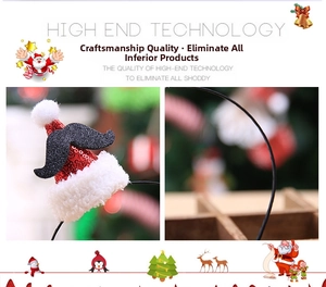 Detail of Christmas headband featuring red sequin mini hat and black mustache decor