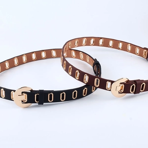 Women's casual PU leather belts in black and brown with golden round buckles