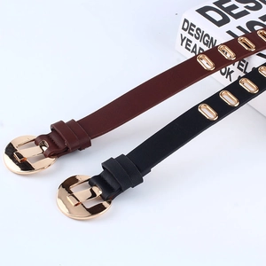 Minimalist PU leather belt with round gold buckle in black and coffee brown colors