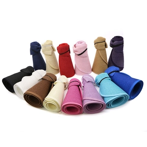 Foldable wide brim straw sun visor for women in 14 colors with elastic strap