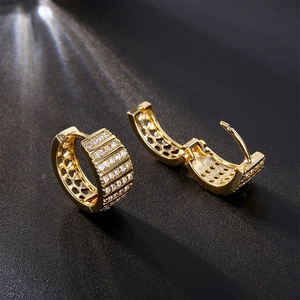 Vintage style gold rhinestone huggie hoop earrings shown in open and closed positions