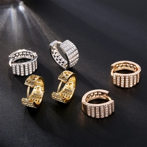 Exaggerated metal hoop earrings with multi-row crystal rhinestones in gold and silver