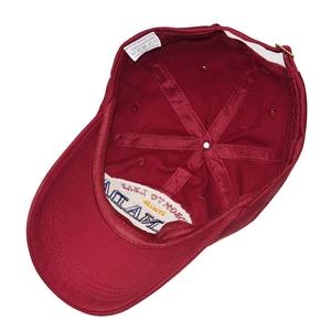 Men's cotton burgundy baseball cap showing inner lining and adjustable metal buckle