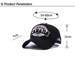 Detailed size parameters for the vintage black cotton Canada baseball cap with embroidery
