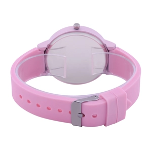 Rear view of pink silicone watch showing the metal back case and adjustable silver buckle