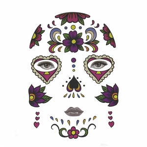 Detail of sugar skull face tattoo stickers with purple flowers and heart eyes for Halloween