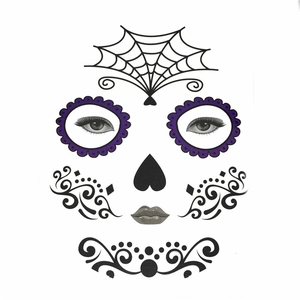 Detail of Day of the Dead face tattoo stickers with purple spider web and cross patterns