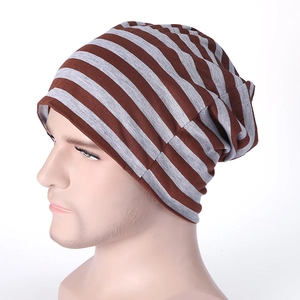Men's striped slouchy beanie in brown and grey knit fabric for autumn and spring