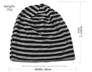 Detail of black and gray striped knit beanie showing dimensions of 26cm by 25cm and 35g weight